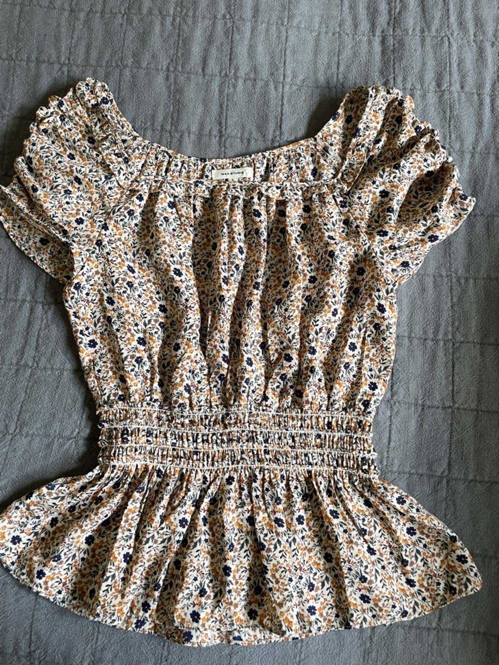 Boho Cream Floral Smocked Peasant western ditsy floral peplum top